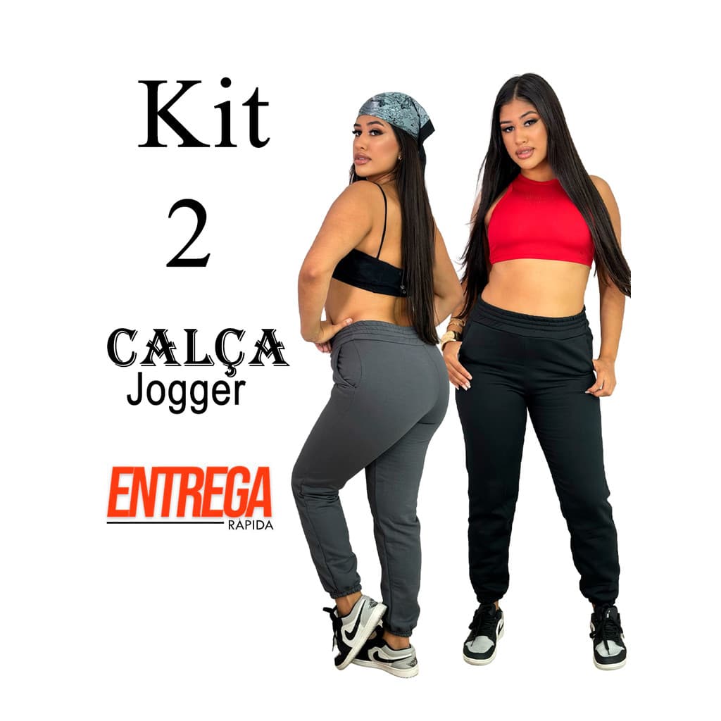 2 Calças Moletom Jogger Feminina Grossa Peluciada Cintura Alta Esportiva