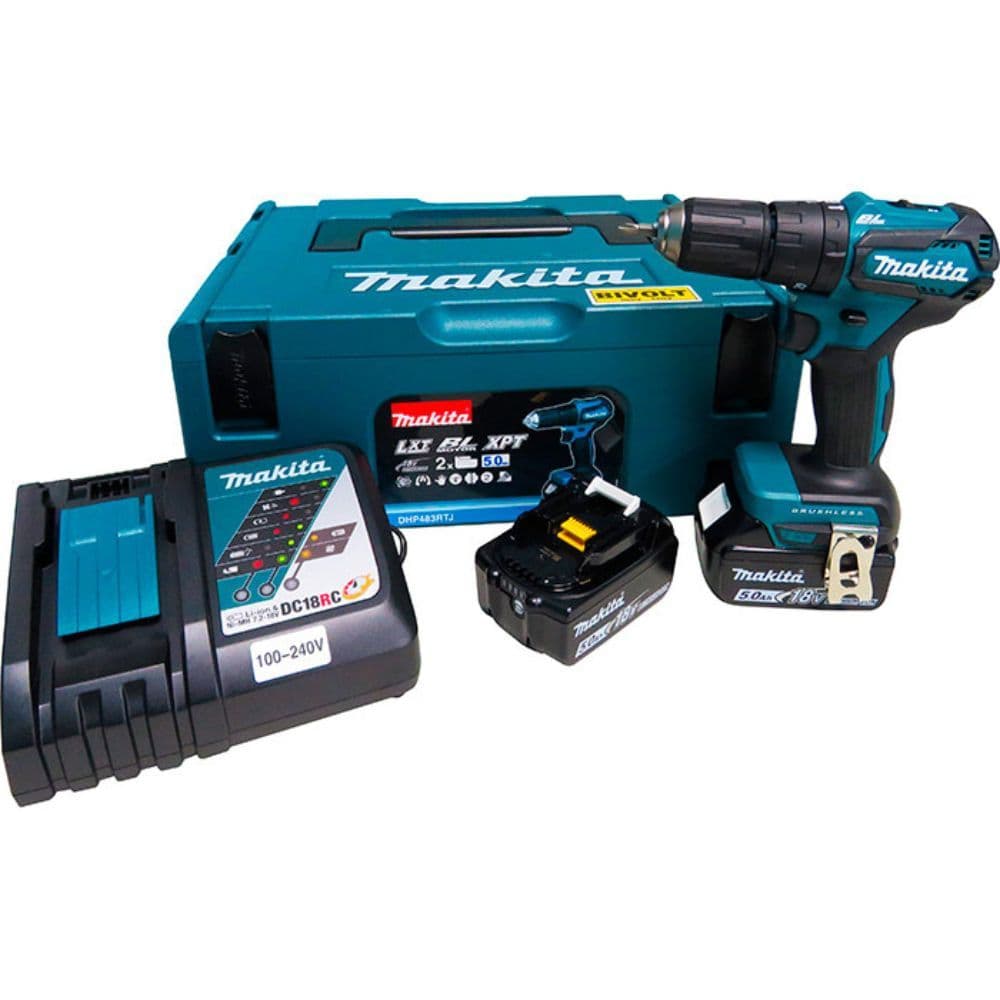 DHP483RTJ PARAFUSADEIRA/FURADEIRA DE IMPACTO A BATERIA 18V MAKITA - C/ 02 BAT 5.0AH, CARREG BIV E MALETA MAK-PAC