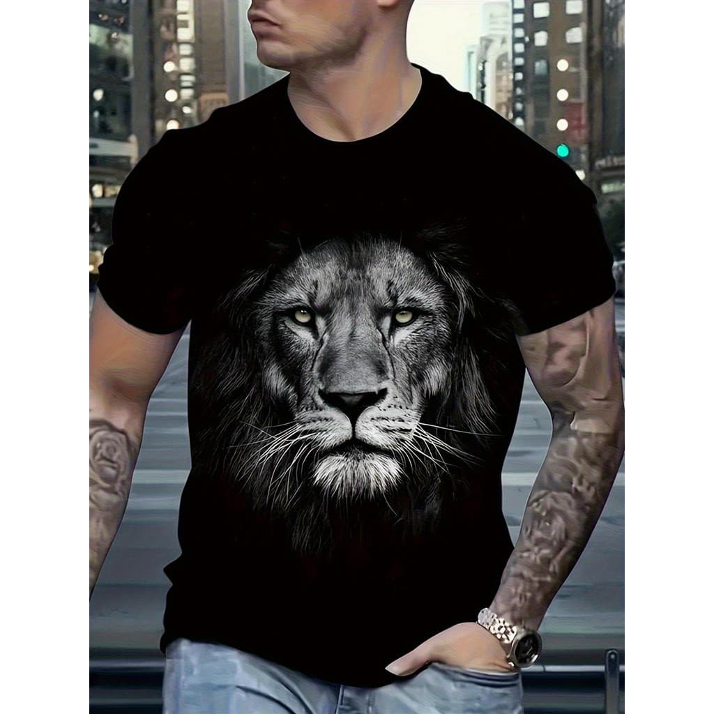 T-shirt Gráfico de Leão para Homem - Camiseta de Manga Curta com Gola Redonda 100% Preto com Estampa de Rosto de Leão Br