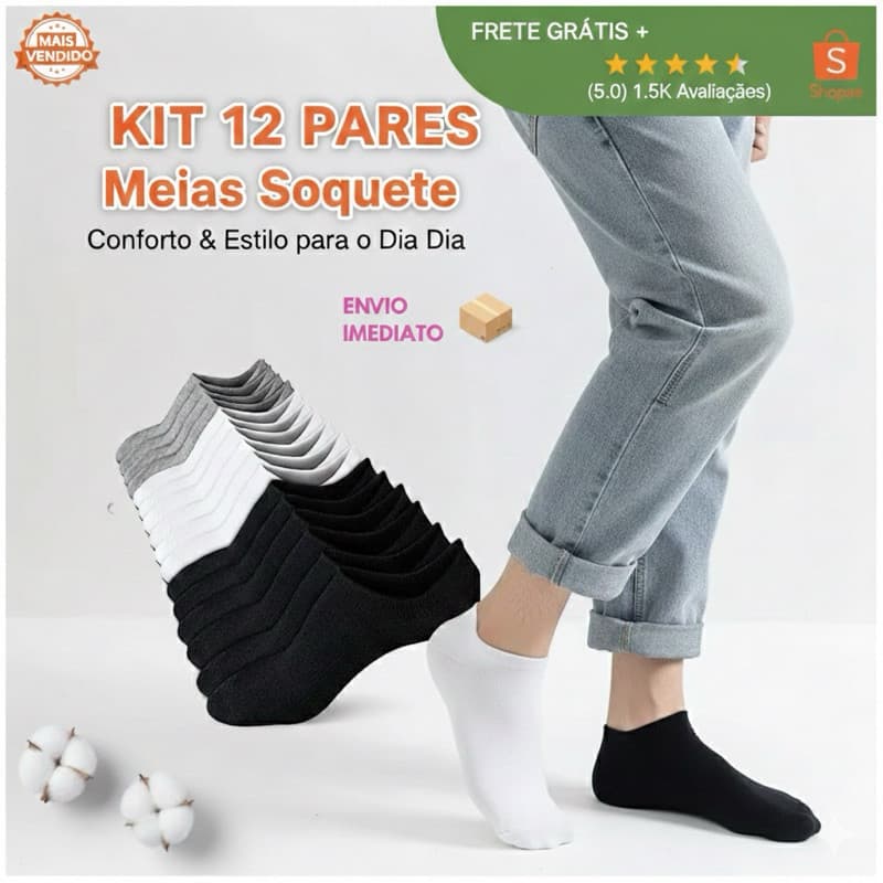 Kit 12 Pares Meias Soquete Cano curto Invisível