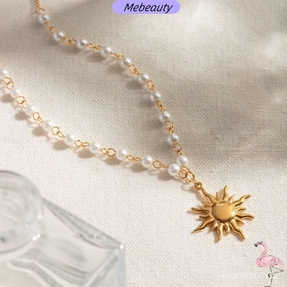 Colar de Contas MEBEAUTYBR, Design Simples com Pingente de Sol em Aço Inoxidável, Corrente de Colar Dourada