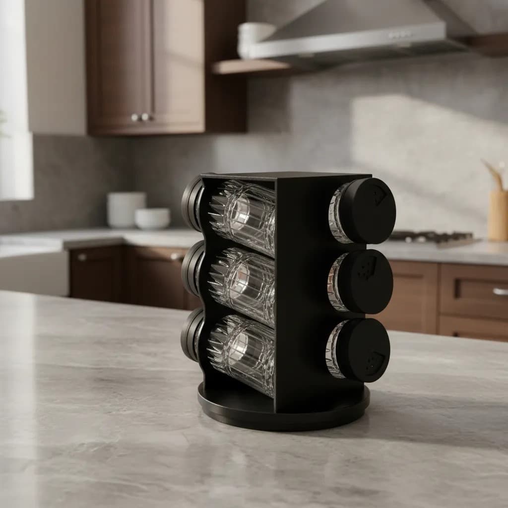 Porta Condimentos Temperos Giratório 6 Potes Vidro Preto