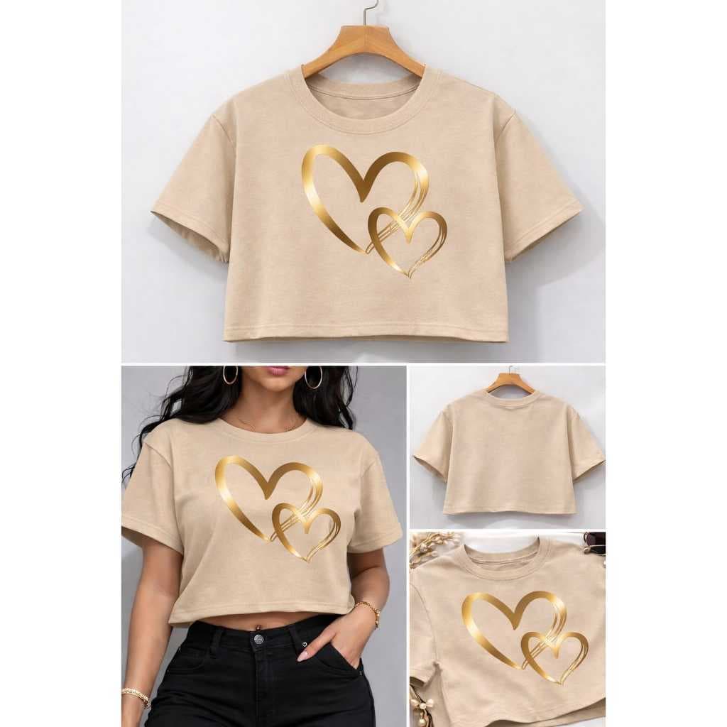 Cropped Oversized Feminino Blusa Algodão Casual Coração Duplo