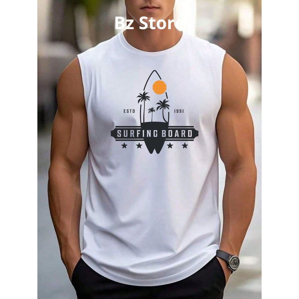 Regata Masculina Surfing Board California Estilo Praia Camiseta Cavada 100% Algodão