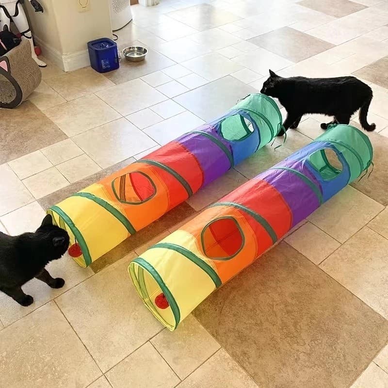 Túnel Gato Dobrável 110x25cm Colorido Multi Entradas Poliéster Interativo Pet Estímulo Diversão