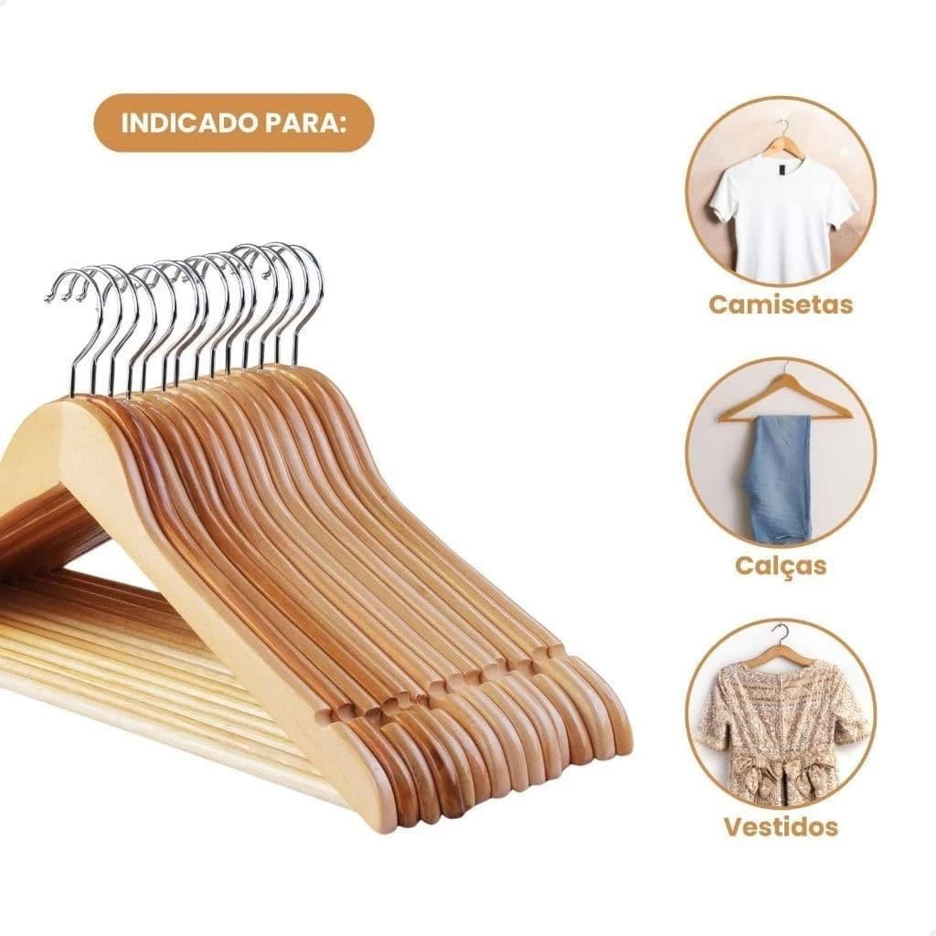 Kit 3 Cabides Madeira Verniz Adulto Slim Organizador Armário Closet Camisas Casacos Roupas