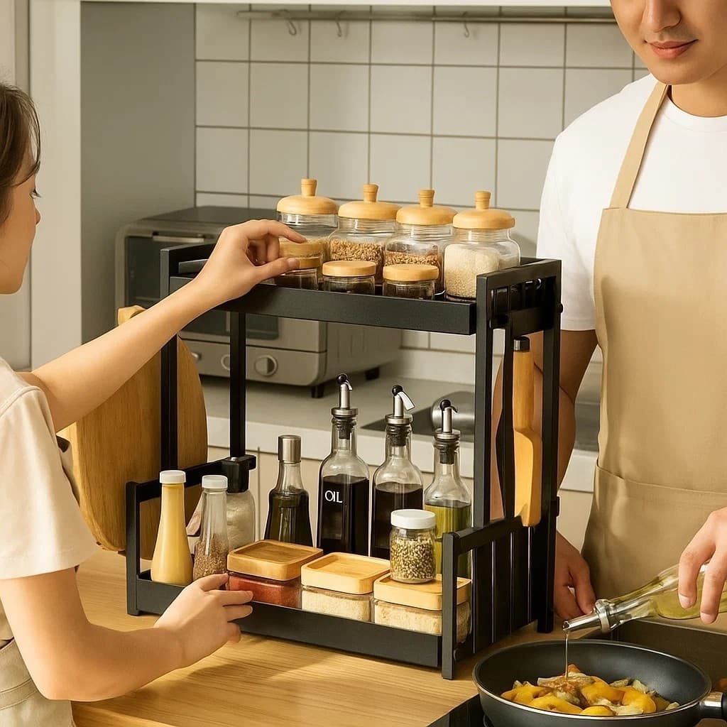 Organizador temperos bancada preto rack frascos gancho prateleira suporte cozinha condimentos