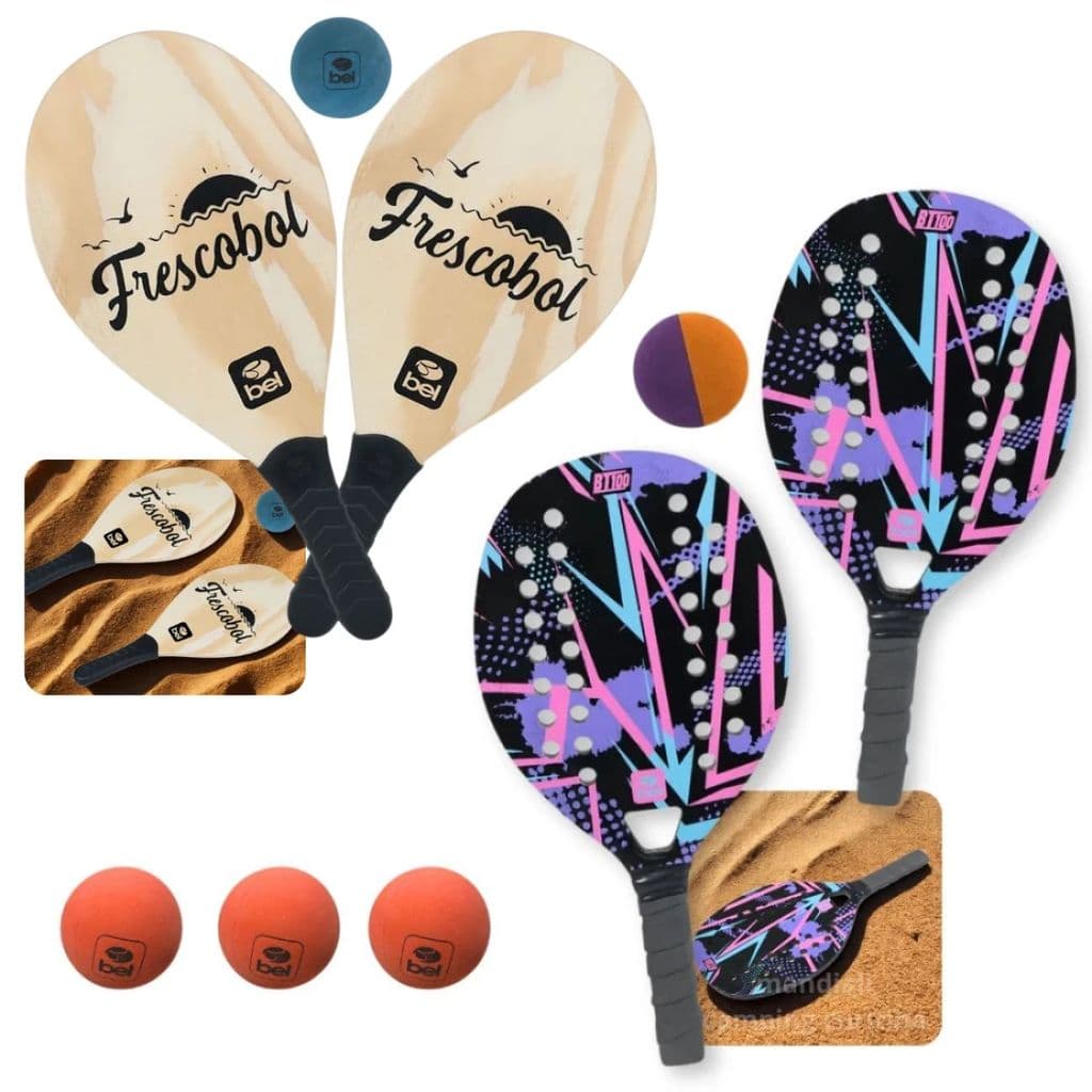 Kit 2 Raquetes para Beach Tennis Lilas + Jogo Frescobol em Madeira + 5 Bolinhas