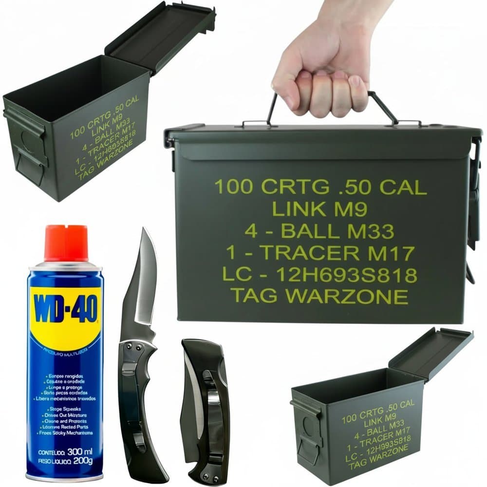 KIT 4 PEÇAS 2 CAIXA MILITAR AMMO BOX 50 + 1 ANTI FERRUGEM WD-40 300ML + 1 CANIVETE INOX