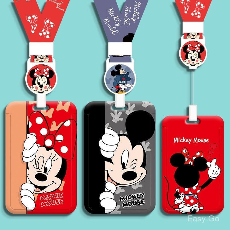 Porta-Cartões Fofo De Desenho Animado Do Mickey Minnie Com Cordão Retrátil Para Ônibus , Campus , Identificação , Cartão