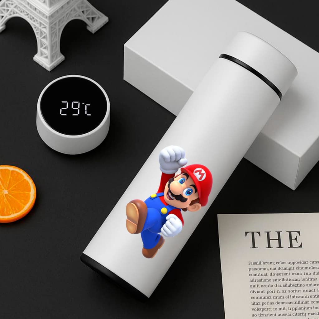 Garrafa Térmica Inox Super  Mario Bros 500Ml Com Termometro Led Digital Desenho Infantil