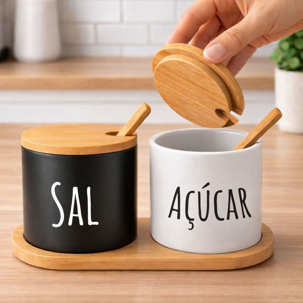 Kit Saleiro e Açucareiro Preto e Branco em Cerâmica com Bandeja de Bambu e Colher