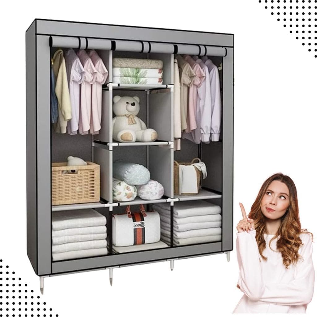 Guarda-Roupa Dobrável 3 Portas Portátil Cabideiro Sapateira Armário Organizador TNT Impermeável Prem