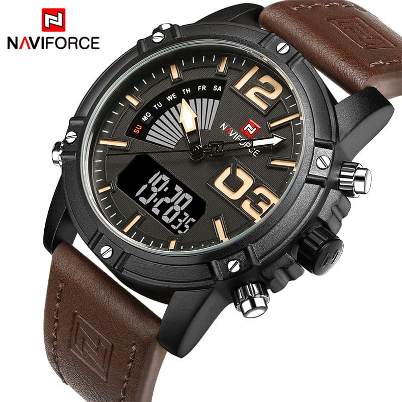 NAVIFORCE Marca Relógios Esportivos Masculinos Display Duplo LED Digital À Prova Dwaterproof Água Pulseira De Couro Quar