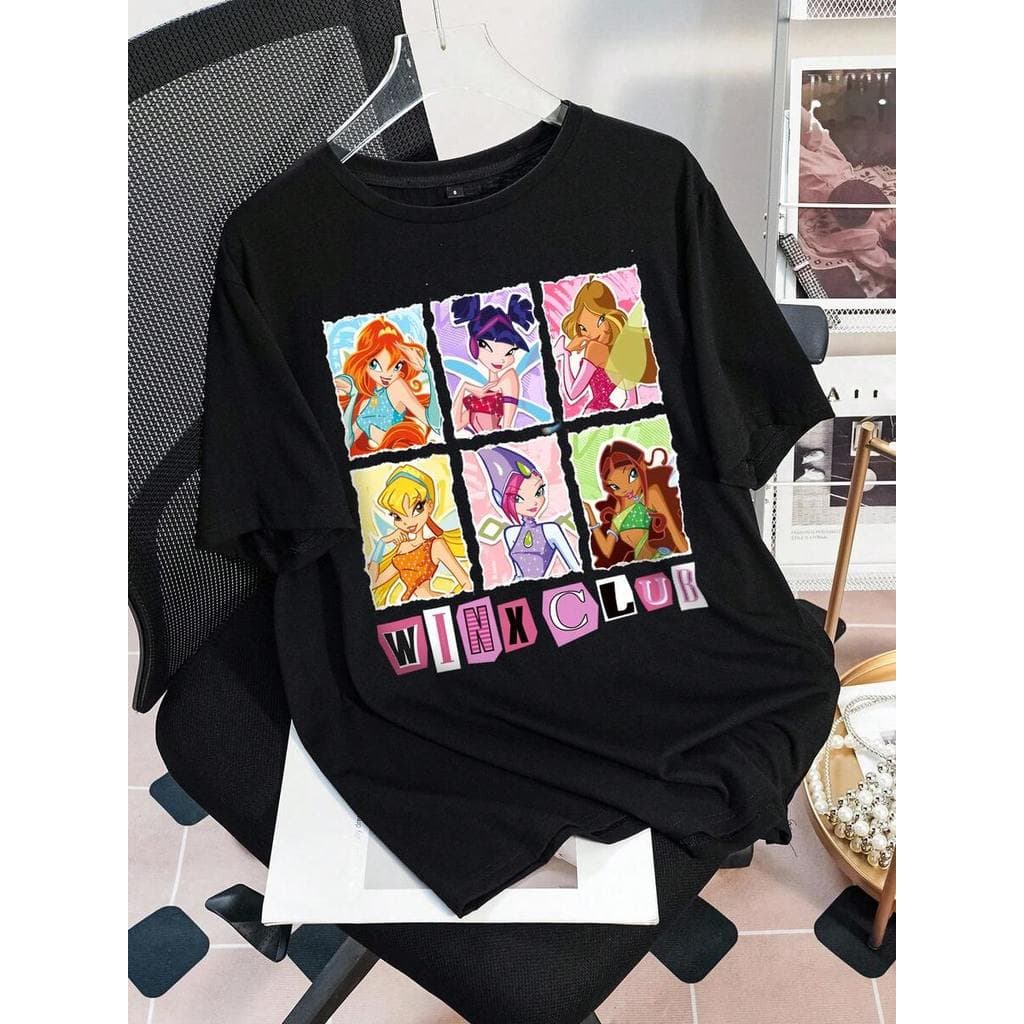 *Popa camiseta * The Winx X SHEIN Camiseta Preta Oversized com Figura Cartoon e Gráfico de Letra, Casual para Uso Diário