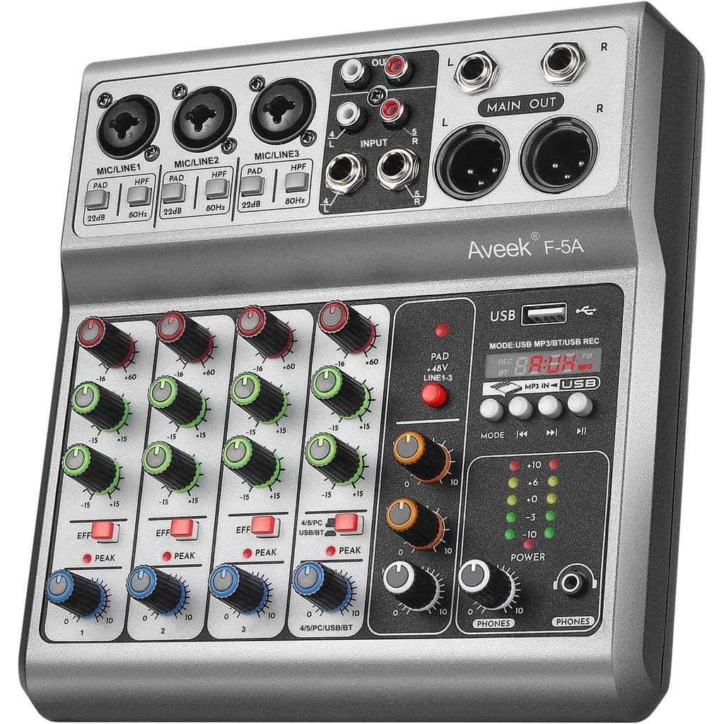 Mixer de Áudio Profissional Aveek, Console de Mixagem com 5 Canais, USB Digital, Bluetooth, Efeito de Eco e Delay, Entra