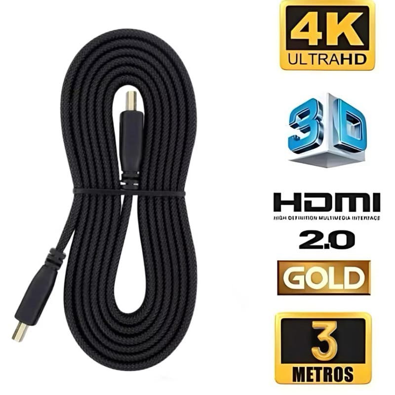 Cabo HDMI Reforçado 3 Metros Suporte Full HD e 4K Revestimento Interno + Malha de Nylon Externa