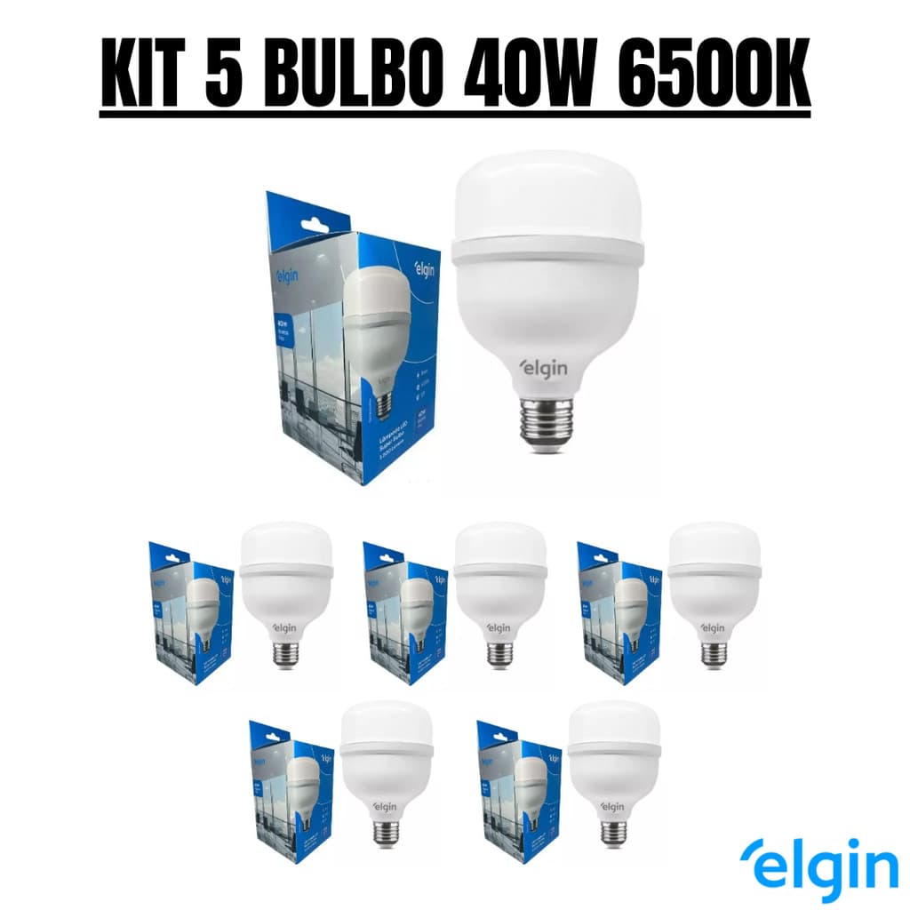 Kit 5 Lâmpada Led Bulbo 40w Bivolt 6500k Branca E27 Elgin