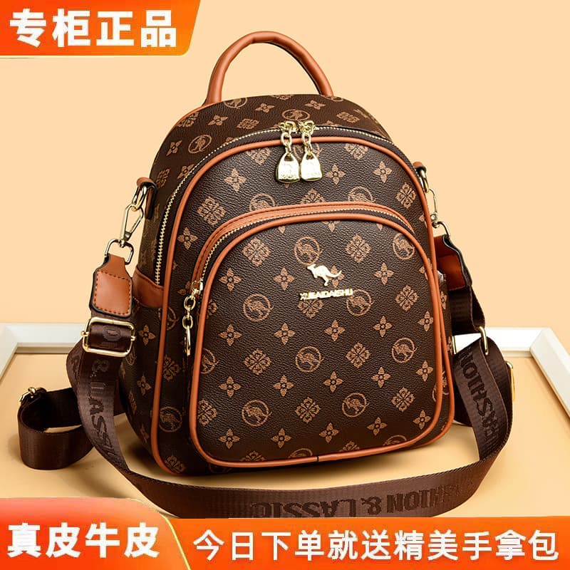 Genuíno genuíno couro genuíno bolsa feminina 2026 novo estilo Retro impresso mochila feminina grande capacidade multifun