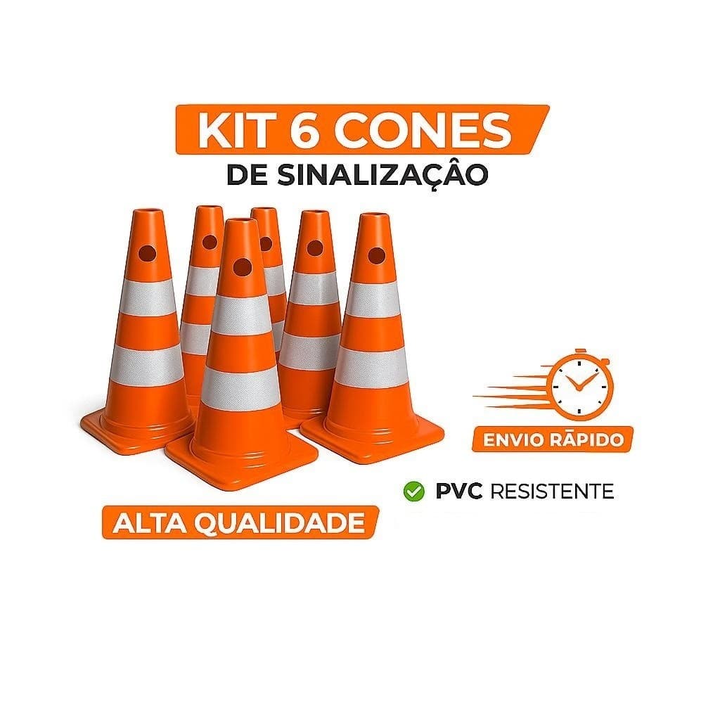 Kit 6 Cones de Sinalização 50cm PVC Branco e Laranja PLASTCOR | Segurança Viária Rodovia Obras