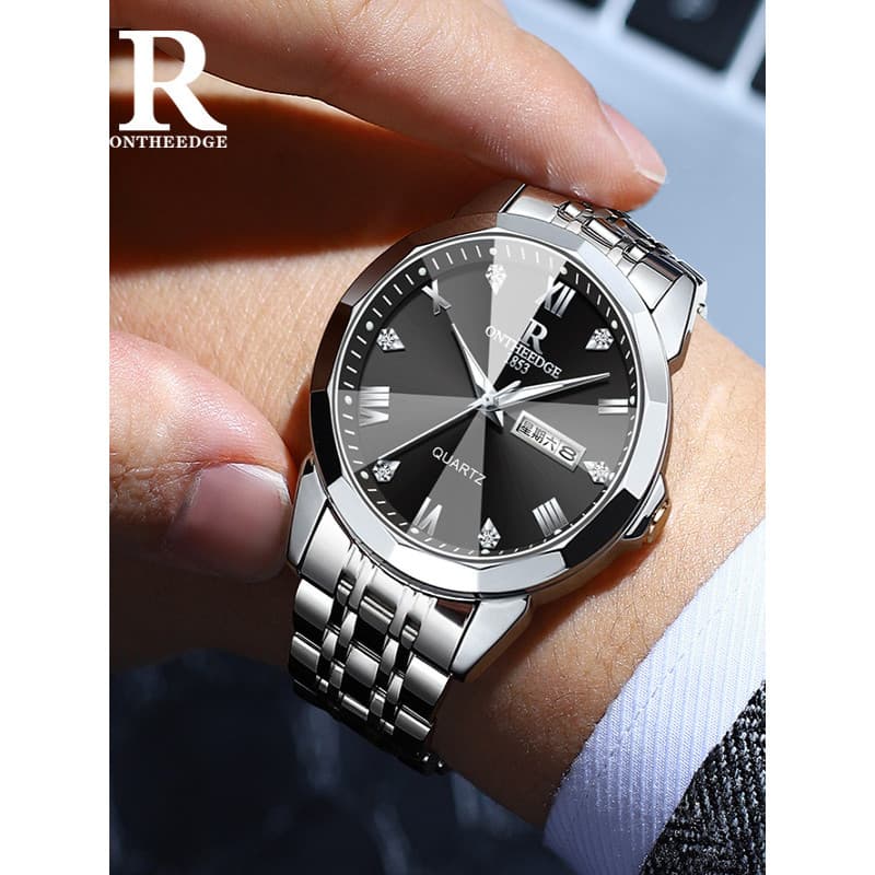 Nova marca relógio masculino relógio de quartzo duplo calendário negócios banda aço relógio masculino diamante luminoso