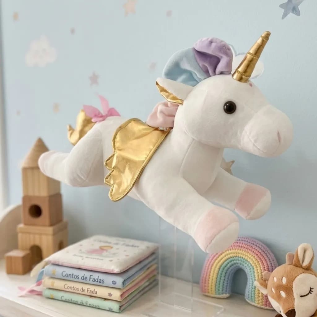Pelúcia Unicornio 46cm Deitado Travesseiro Antialérgico 3d Aveludada Brinquedo