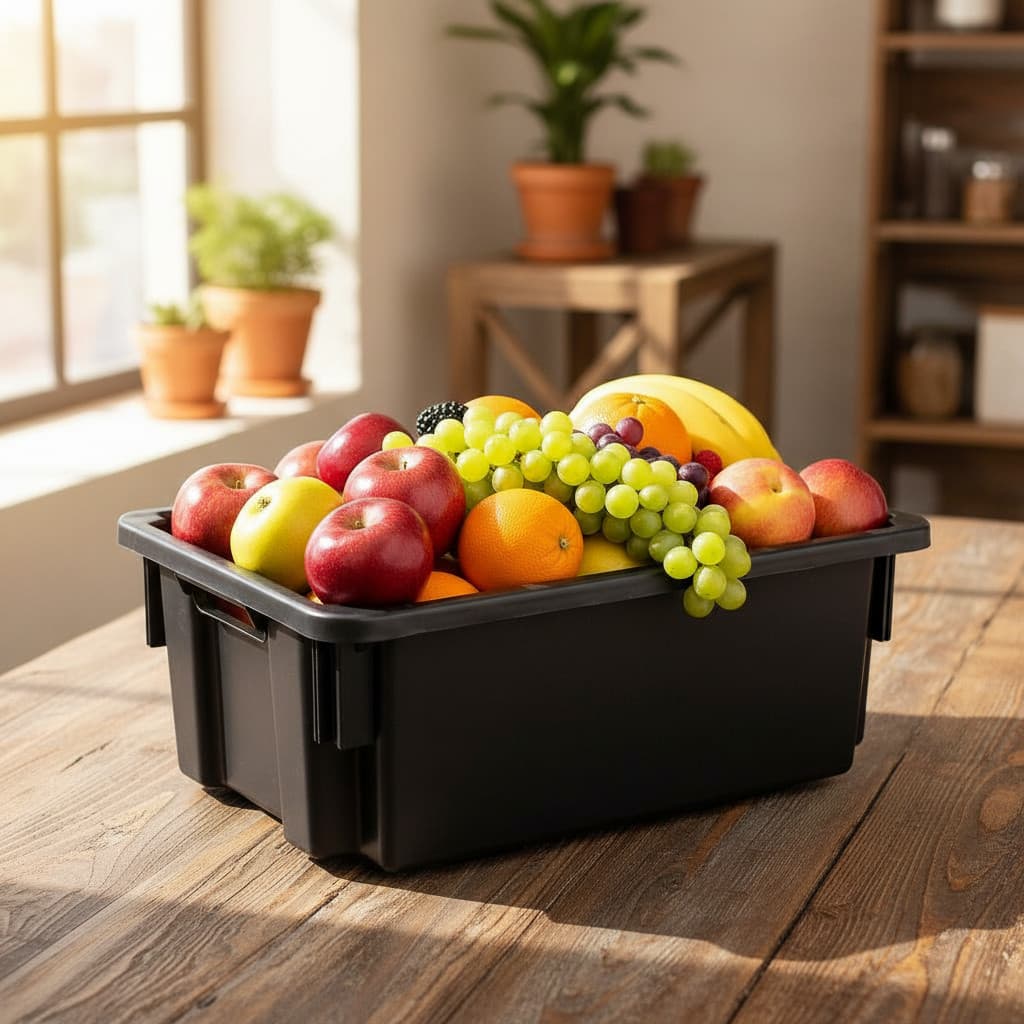 Caixa Plástica Fechada Organizadora Preta Multiuso Reforçada Empilhável Industrial Hortifruti Estoque Oficina 62x43x19
