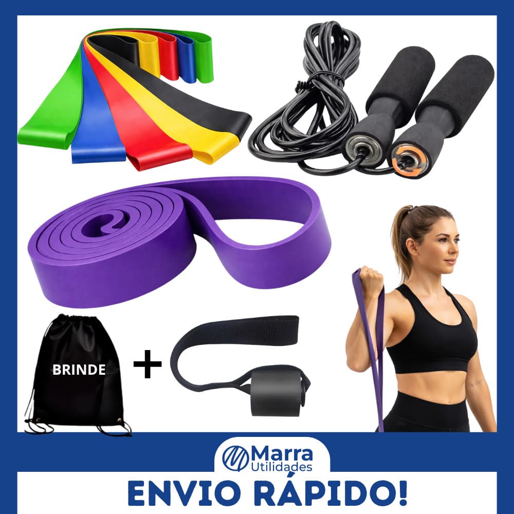 kit Treino em casa Elásticos Mini Band + Super Band + Corda De Pular + Bag  Acessórios esportivos