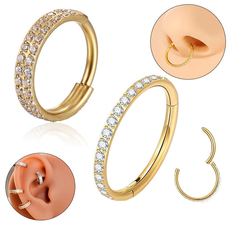 Piercing Orelha Argola Aço Cirúrgico Conch ou Hélix Duplo Cravejado Gold Grau de Implante Tragus Nariz Septo Daith