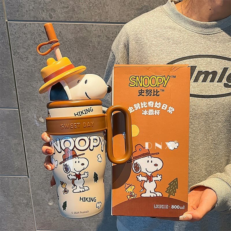 Garrafa de Aço Inoxidável 800ML - Desenho Snoopy Dois - Com Alça, Tampa e Canudo - Personalizada076