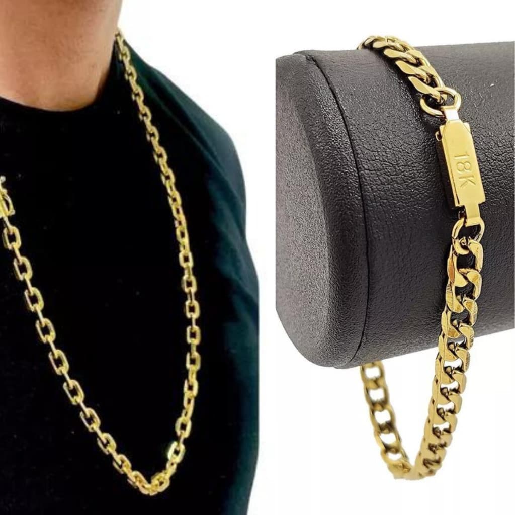 Kit com Pulseira Masculina Elos Largos + Corrente Masculina Colar Cordão Aço Banhado 18k