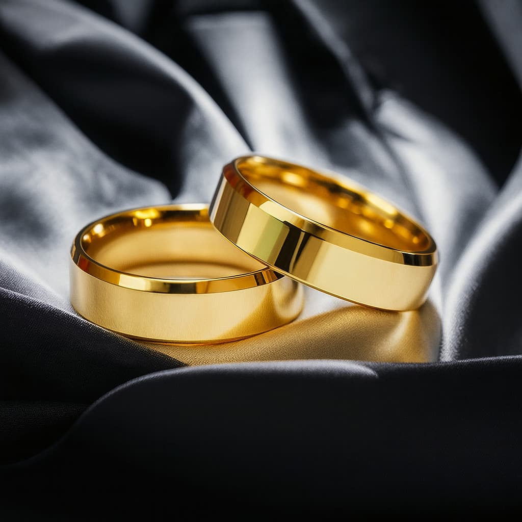 Par Aliança e Anel Solitário 4MM chanfrada Noivado Casamento compromisso 100% em moeda cor de ouro 18k