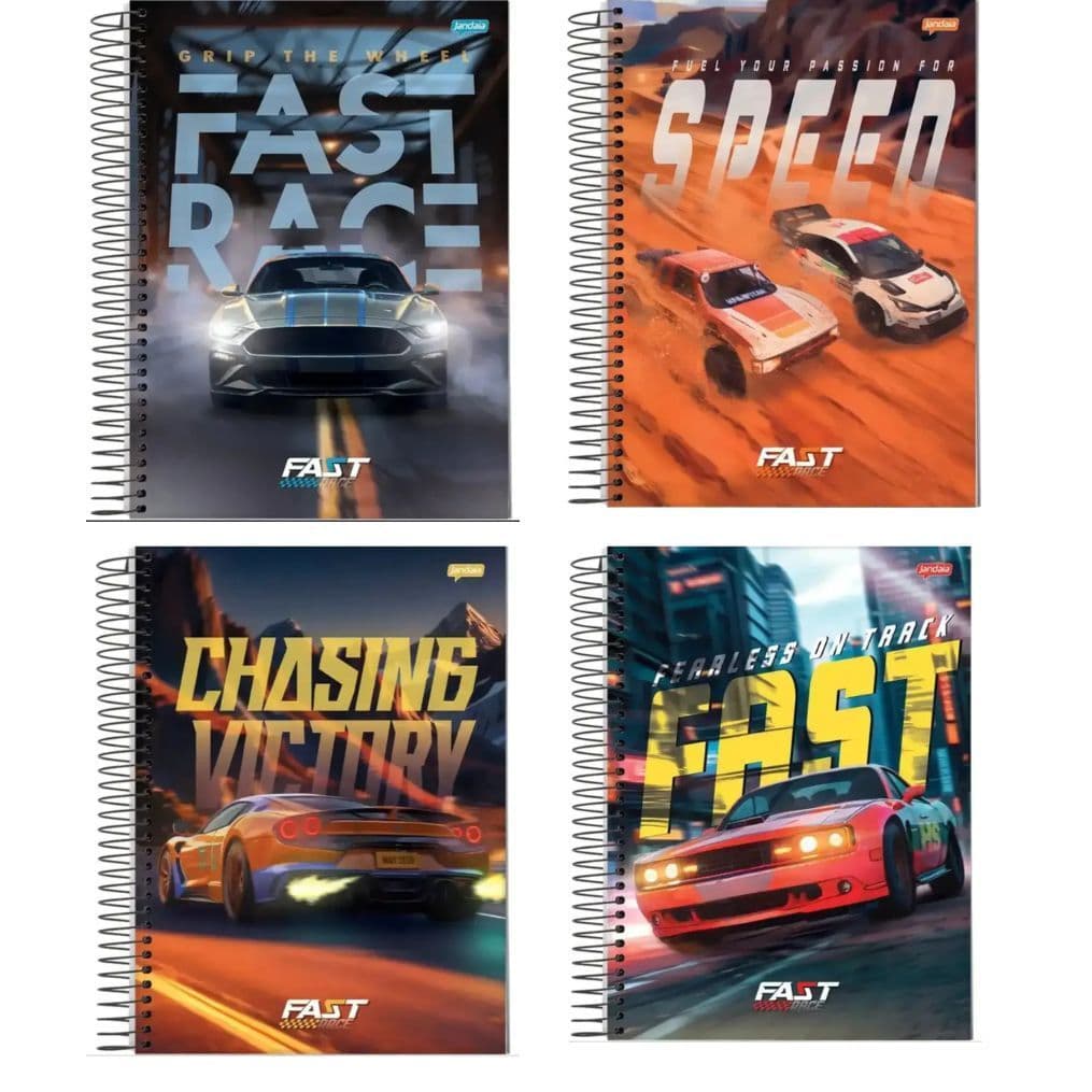 Kit 4 Cadernos 1 Matéria Espiral Universitário 80 Folhas Fast Race Jandaia Masculino