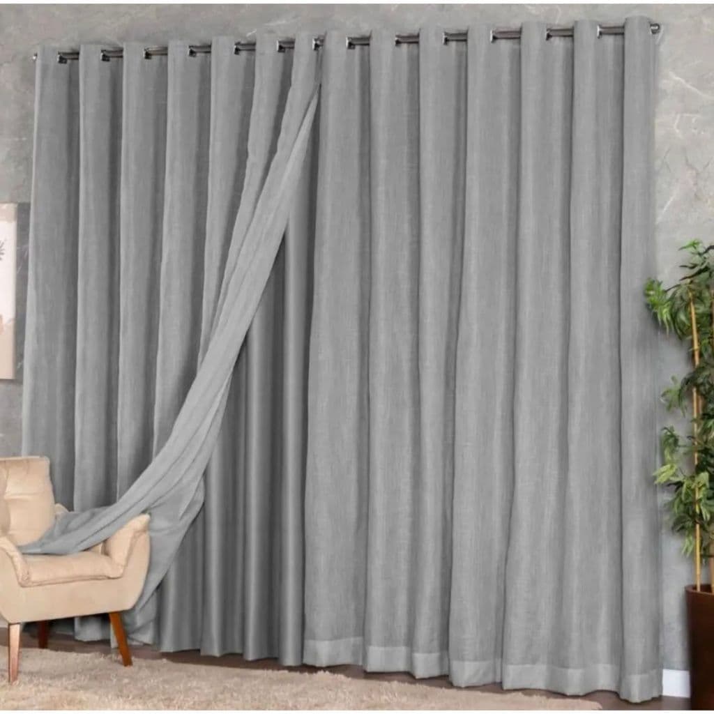 Cortina 3m x 2,80 Voal de Linho Com Forro Microfibra Cor Cinza - Ideal para Sala Quarto Escritório