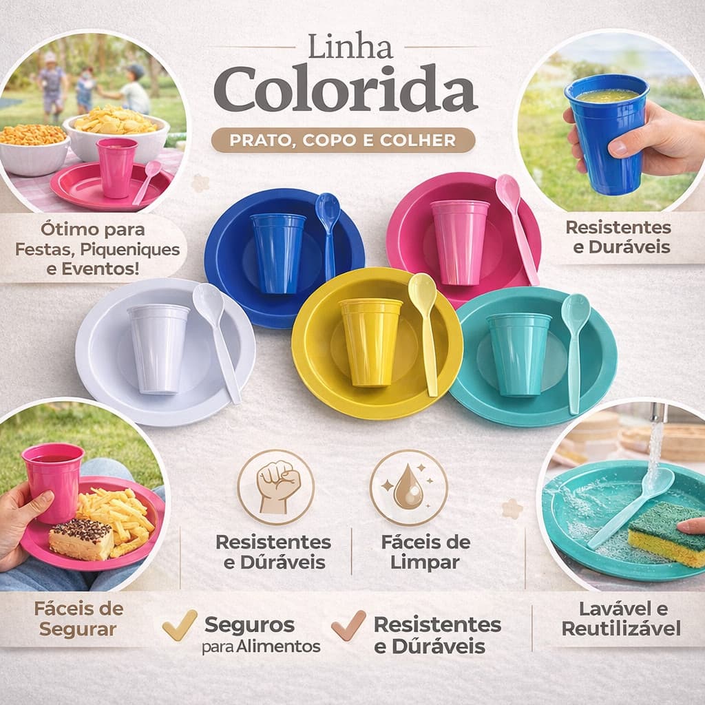 30 kits refeição prato + copo + colher varias cores linha premium borda reforçado escola microondas