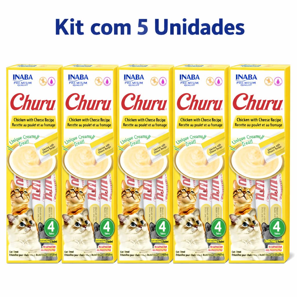 Kit 5 Petisco Churu Gatos 4 Tubos de 14g Sabor Frango Com Queijo