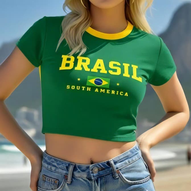 Cropped Blusa Gola Redonda Brasil Verde Amarelo Seleção Futebol Copa Mundo 100% Algodão Lançamento