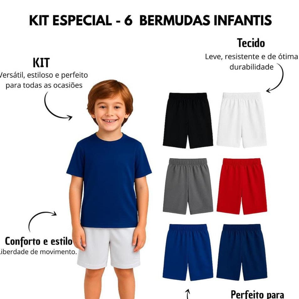 Kit Com 6 Short infantil Bermudas Infantil e Juvenil Escolar Com Bolsos Elastico E Cordão