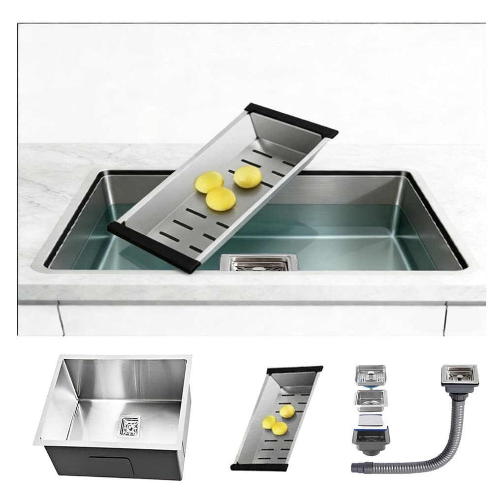 Kit Cuba  Pia Gourmet Embutir Quadrada Moderna Escovado Inox 304 Resistente 44x44cm Com Acessório