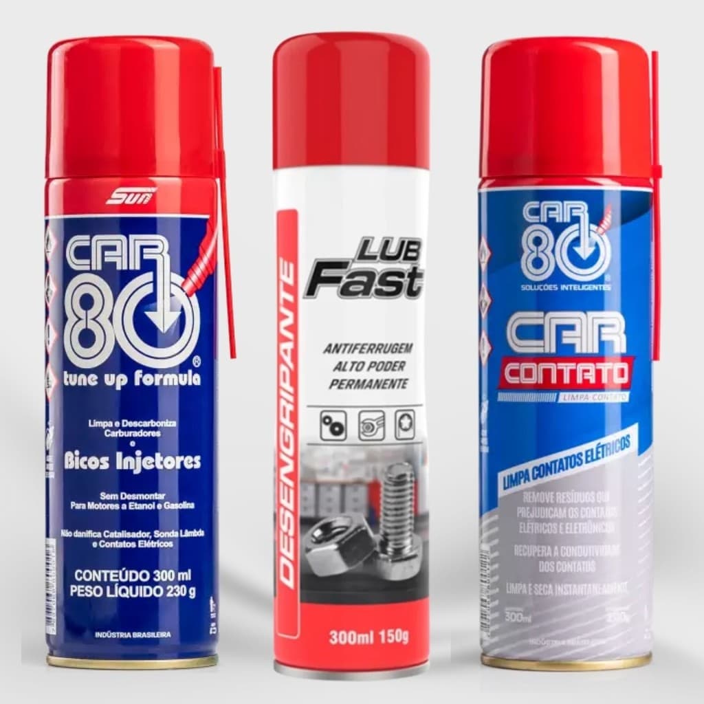 Conjuto de Spray Com Lubrificante + Descarbonizante e Limpa Contato 3 em 1 Fácil Aplicação.
