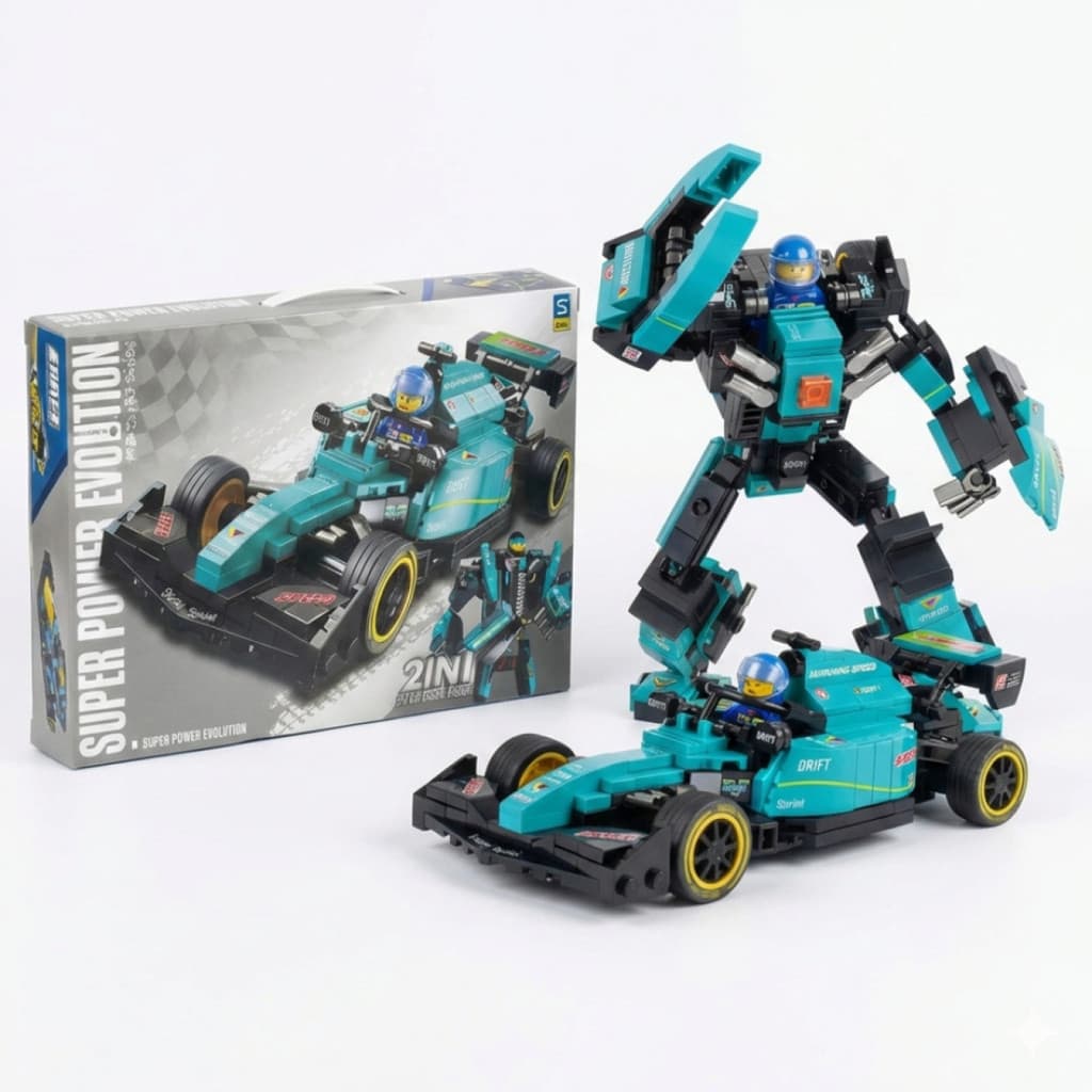 Blocos de Montar Carro F1 de Corrida + Robô 2 em 1 Aston