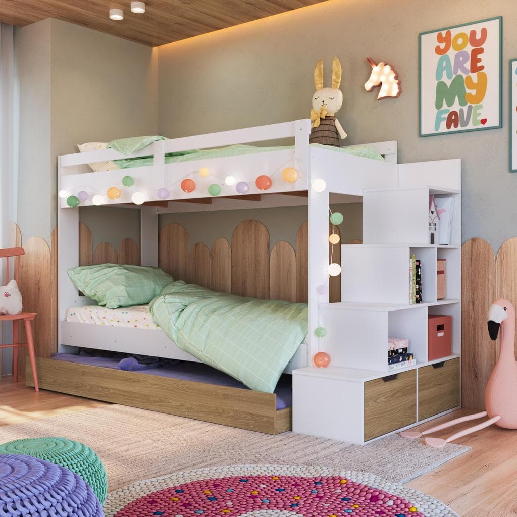 Cama Treliche Infantil 188x78cm com Escada com Nichos Grade de Proteção e Gavetas Branco com Aveiro