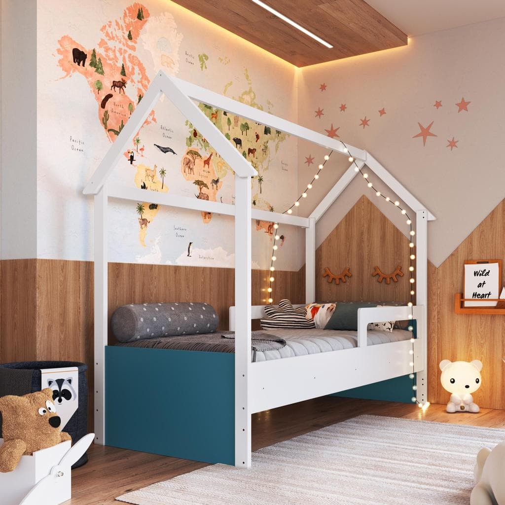 Cama Infantil Casinha Montessoriana Solteiro 188x78 com 2 Regulagens e Proteção Lateral Branco/Azul