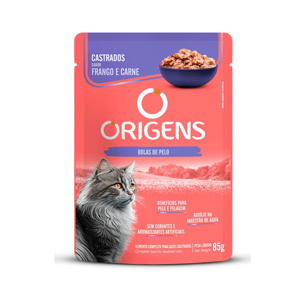 Ração Úmida Origens Sachê Gatos Castrados Sabor Frango e Carne 85g