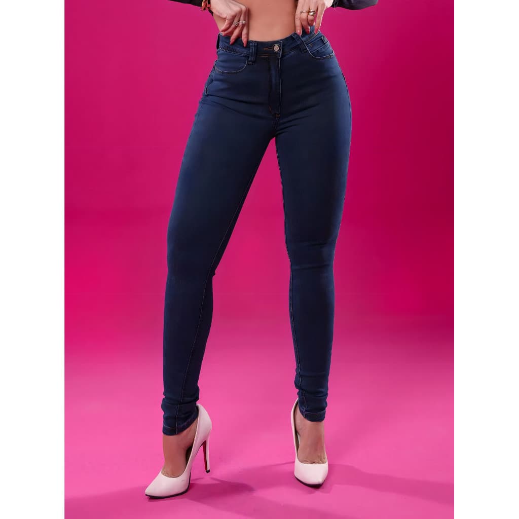 Calça Jeans Azul Escura Cintura Alta Elegante Modelagem Moderna 071