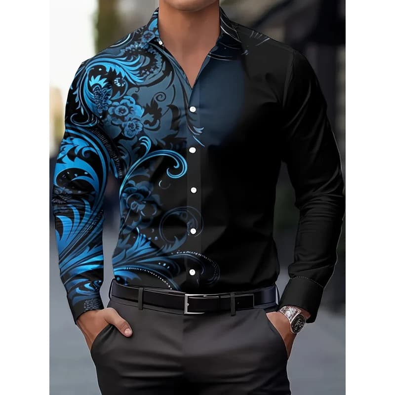 Camisa Masculina de Manga Longa com Estampa Floral Gradiente 2026, Casual, Slim Fit, Estilo Streetwear, Camisa Estampada