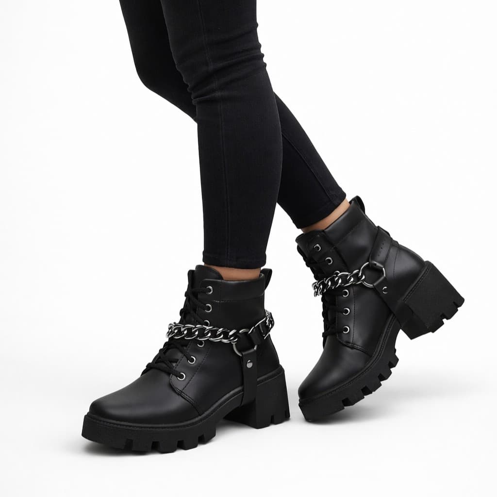Botinha Black Coturno Feminino Preto Tratorado Corrente Luxo Super Estilosa