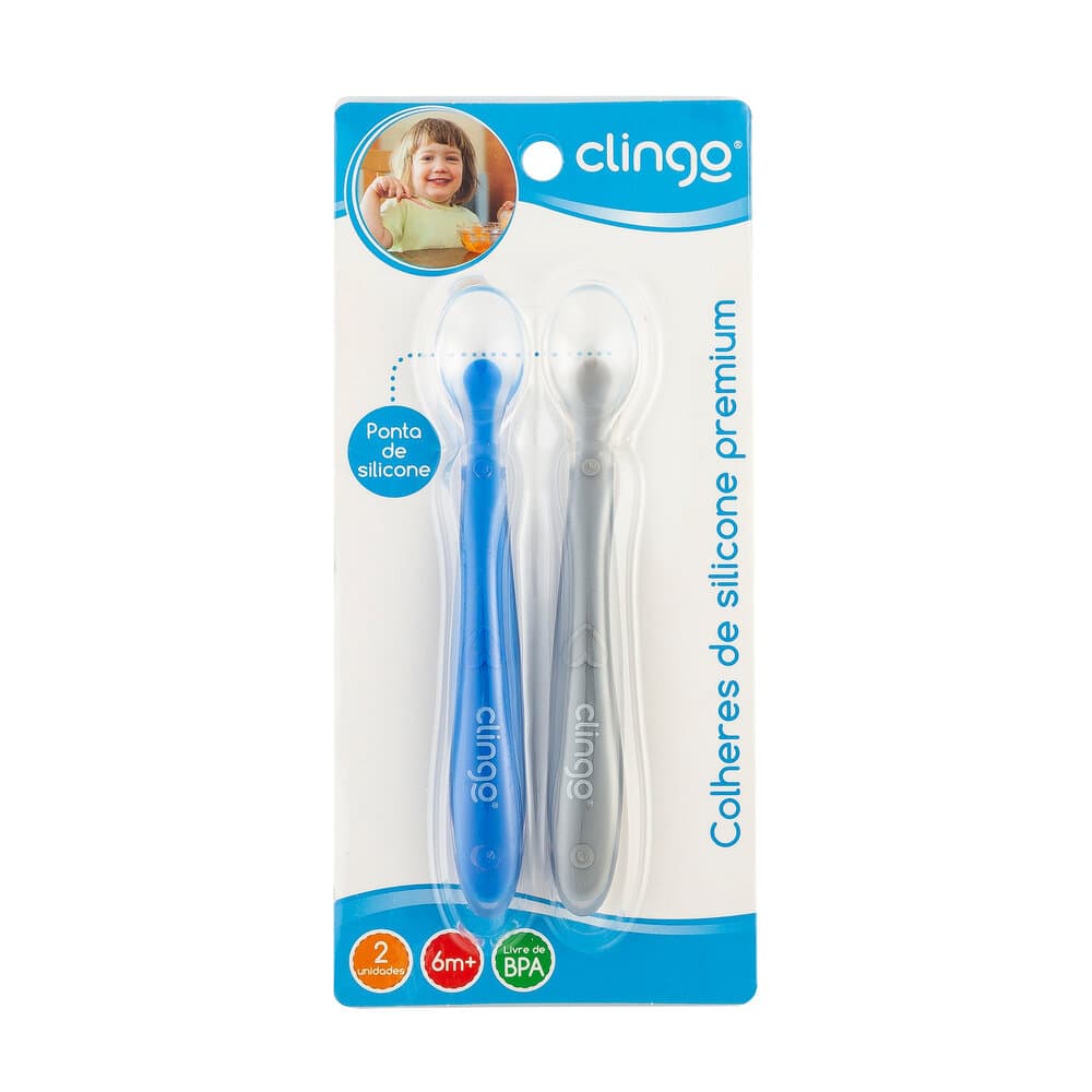 Kit 2 Colheres Silicone Bebê Clingo azul e Cinza  Alimentação Infantil