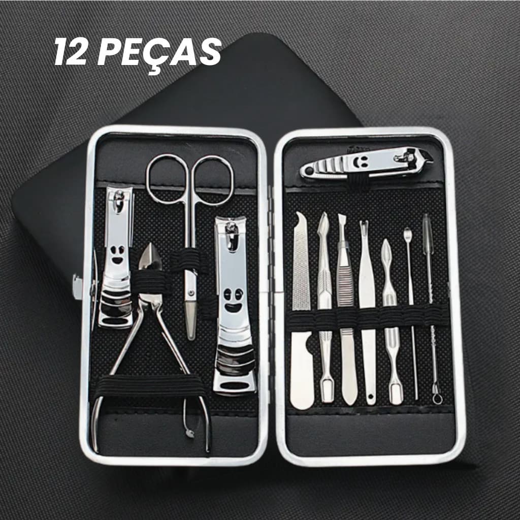 Kit 12 Pçs Estojo Cortador Manicure Pedicure Profissional Aço Inox  Pinca Tesoura