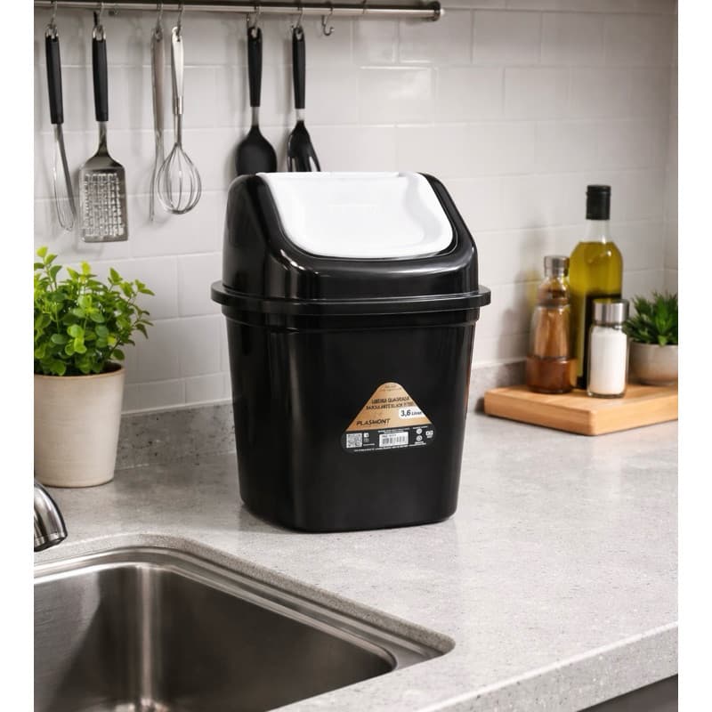 Lixeira Tampa Basculante 3,6L Plástica Premium Compacta para Pia de Cozinha Banheiro Escritório